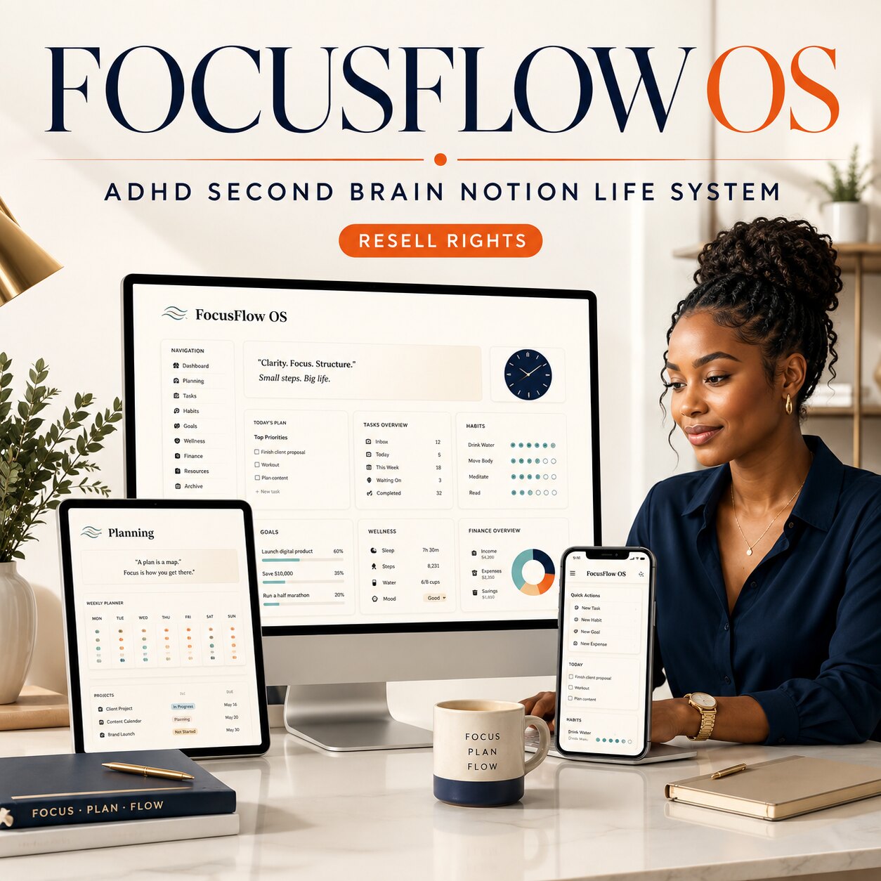 FocusFlow OS | ADHD Second Brain Notion Life System with resell rights