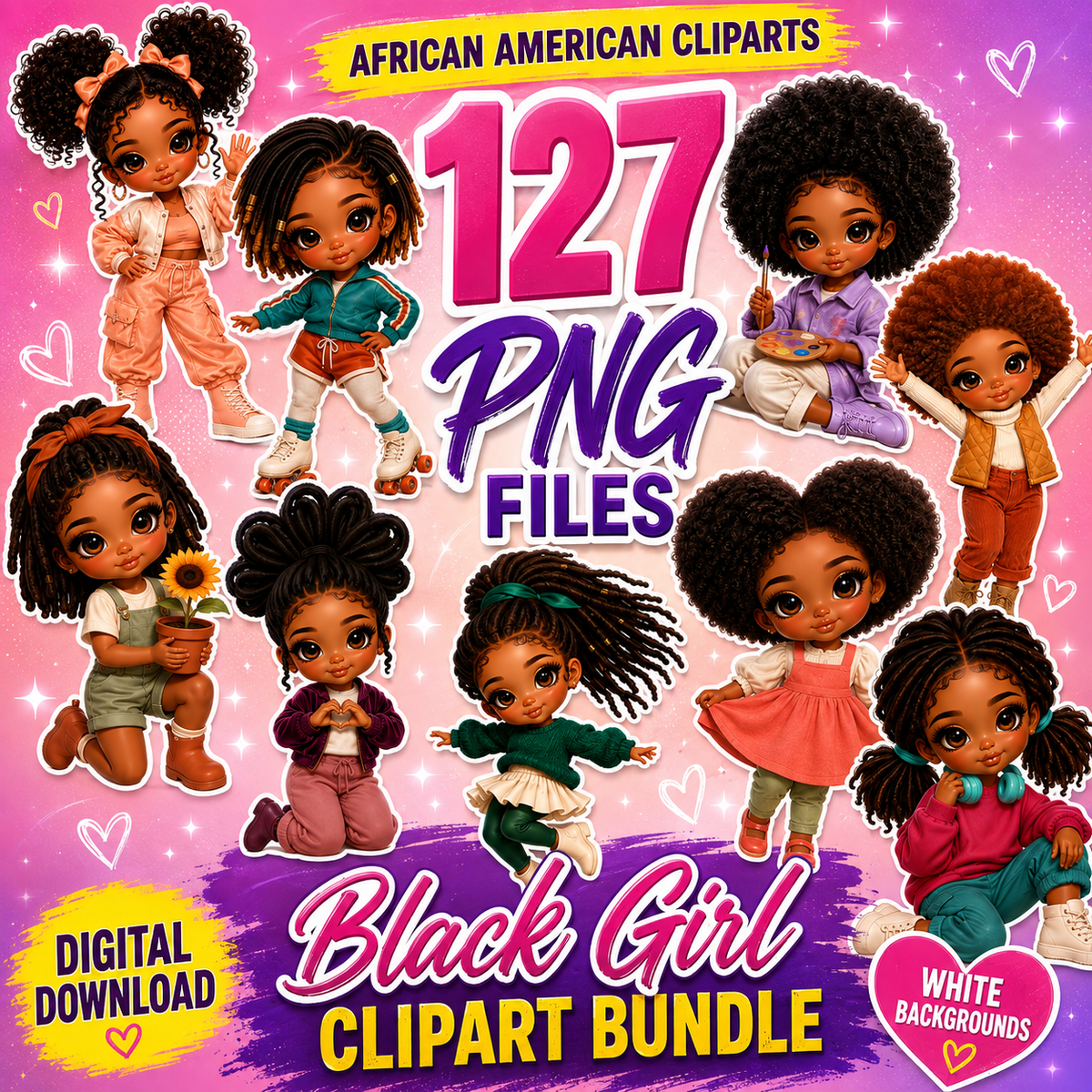 Bright pink and purple cover for the 127 PNG Black Girl Clipart Bundle, featuring petite dolls with locs, natural Afros and curly hair in varied poses. White backgrounds; digital download.