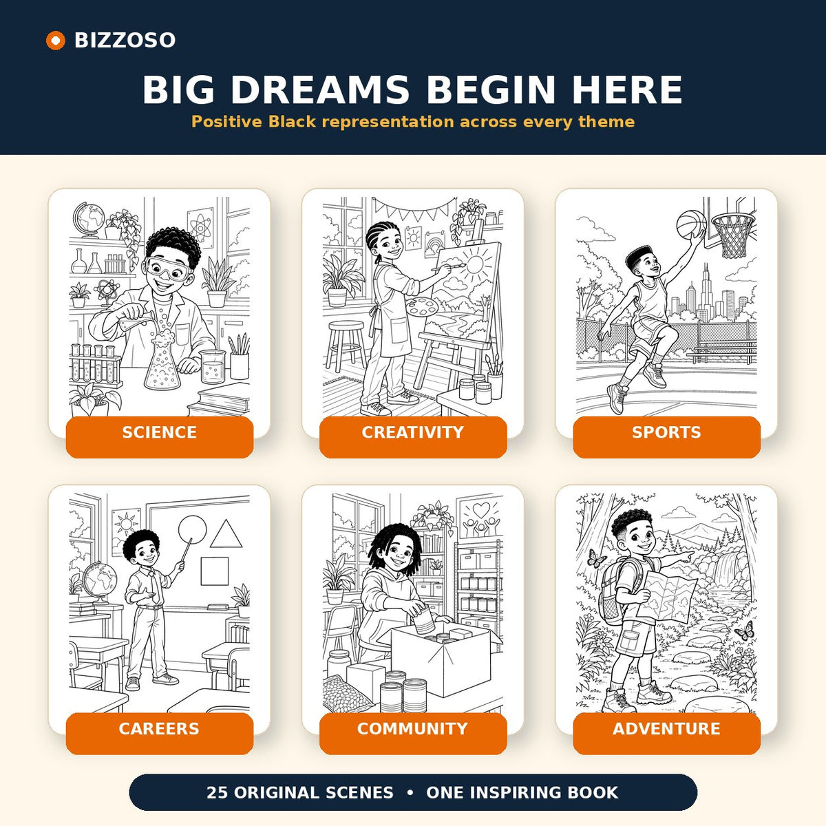 Six coloring page themes featuring science, creativity, sports, careers, community and adventure