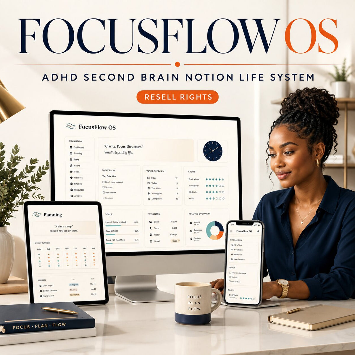 FocusFlow OS | ADHD Second Brain Notion Life System with resell rights