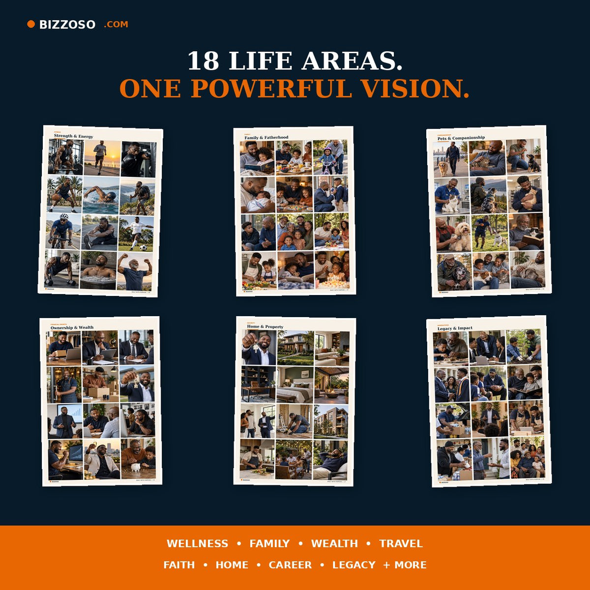 Vision board photo pages covering 18 life areas for Black men