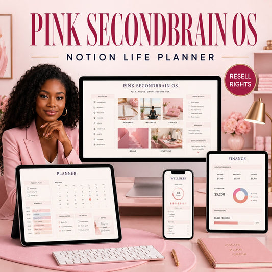 Pink SecondBrain OS | Notion Life Planner with resell rights