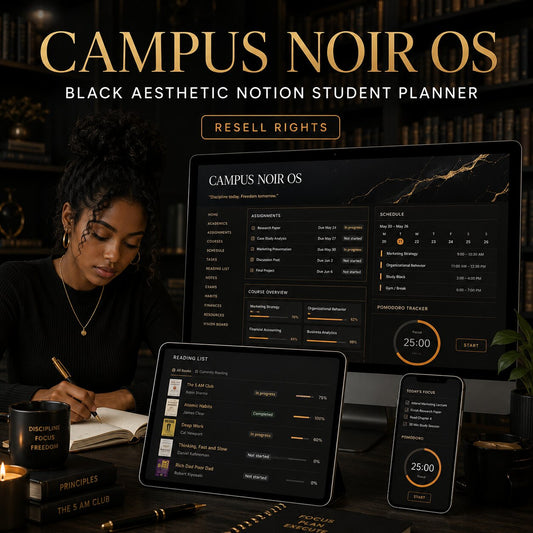 Campus Noir OS | Black Aesthetic Notion Student Planner with resell rights