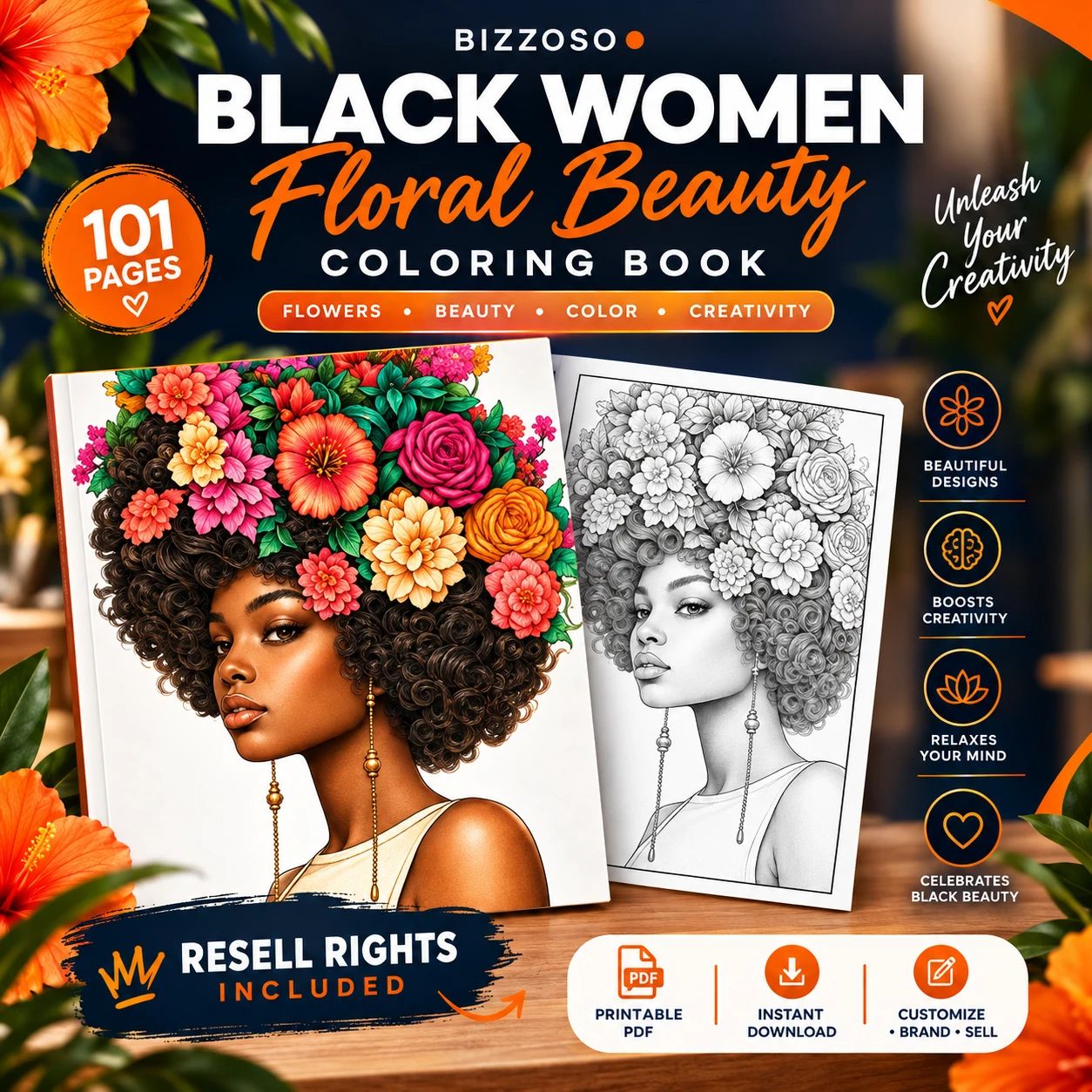 Black Women Floral Beauty Coloring Book - Resell Rights Included