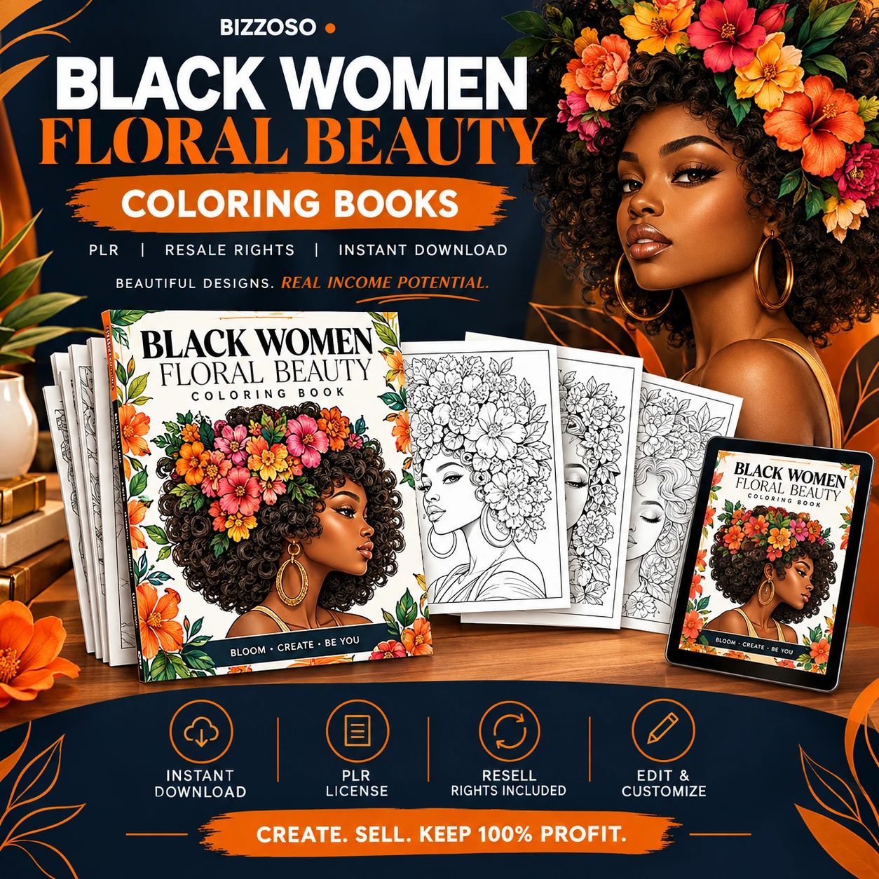 Black Women Floral Beauty Coloring Book - Resell Rights Included