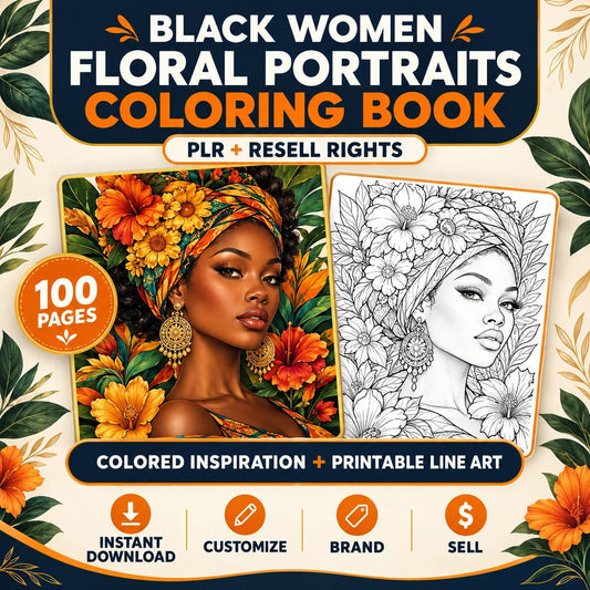Black Girl Floral Portraits Coloring Book - Resell Rights Included