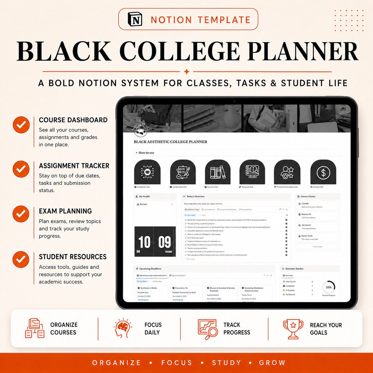 Campus Noir OS | Black Aesthetic Notion Student Planner dashboard features and benefits