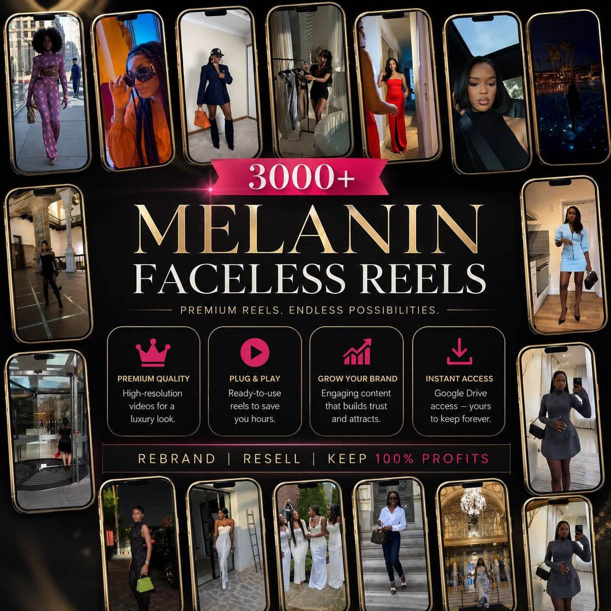3,000+ Melanin Luxury Content Bank | Faceless Reels for Social Media
