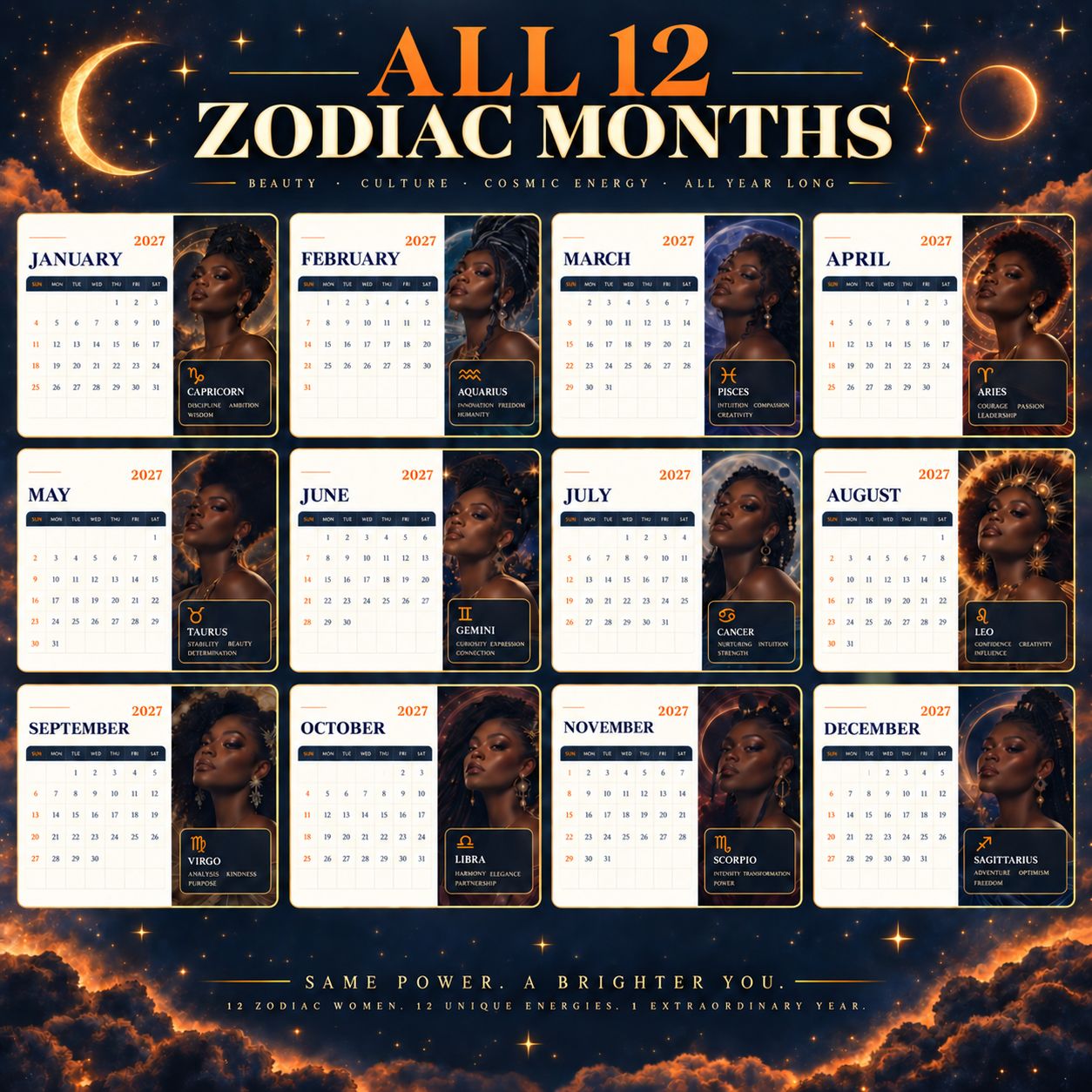 Year 2027 Melanin Zodiac Calendars | Resell Rights Included