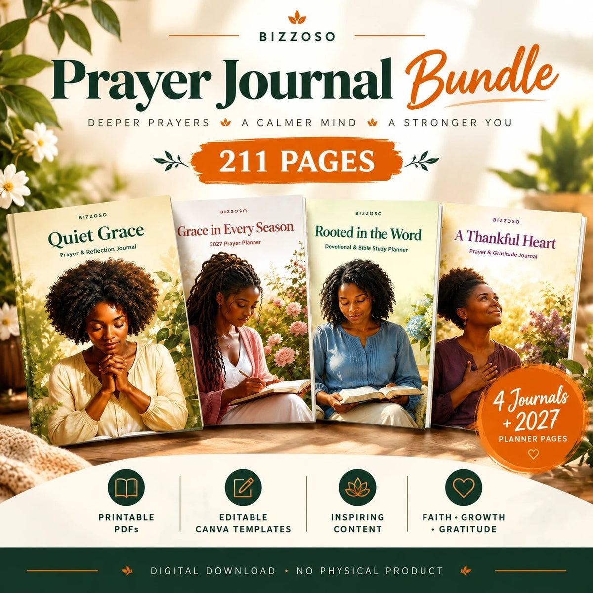 Prayer Journal Bundle for Black Women | 211 Pages + 2027 Planner | PDF & Canva