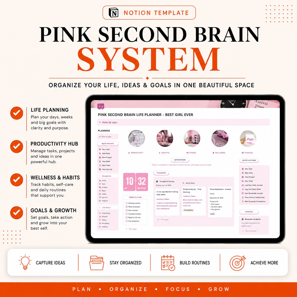 Pink SecondBrain OS | Notion Life Planner dashboard features and benefits
