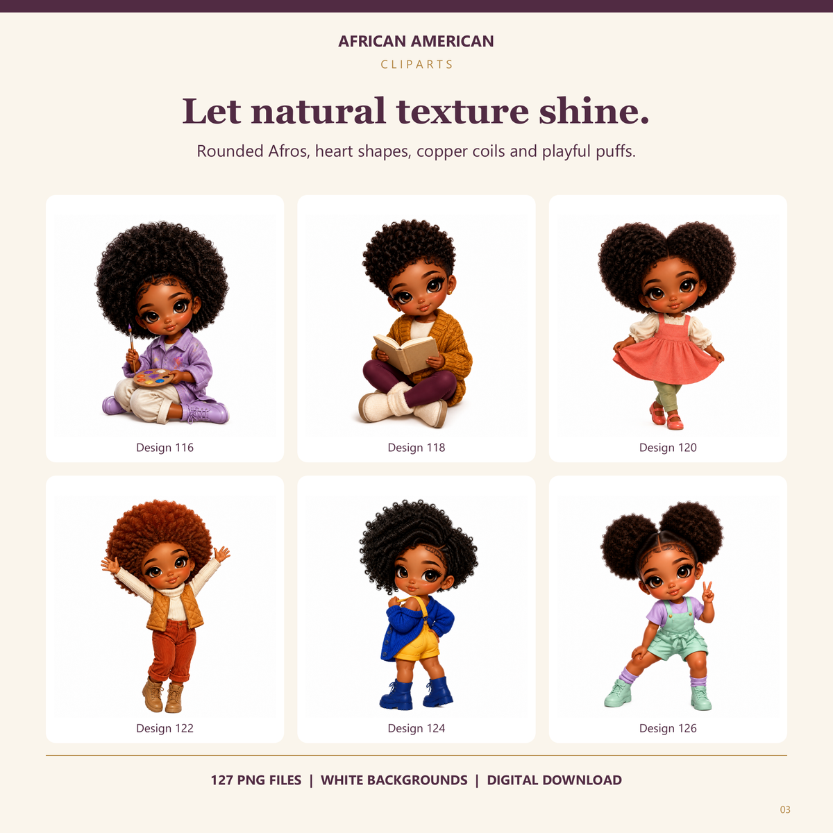 Six included dolls with natural Afros and puffs, including an artist, a reader, a coral dress and a copper Afro.