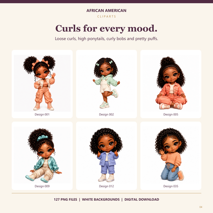 Six included Black girl dolls with curly puffs, curly bobs and ponytails, in standing, seated and kneeling poses.