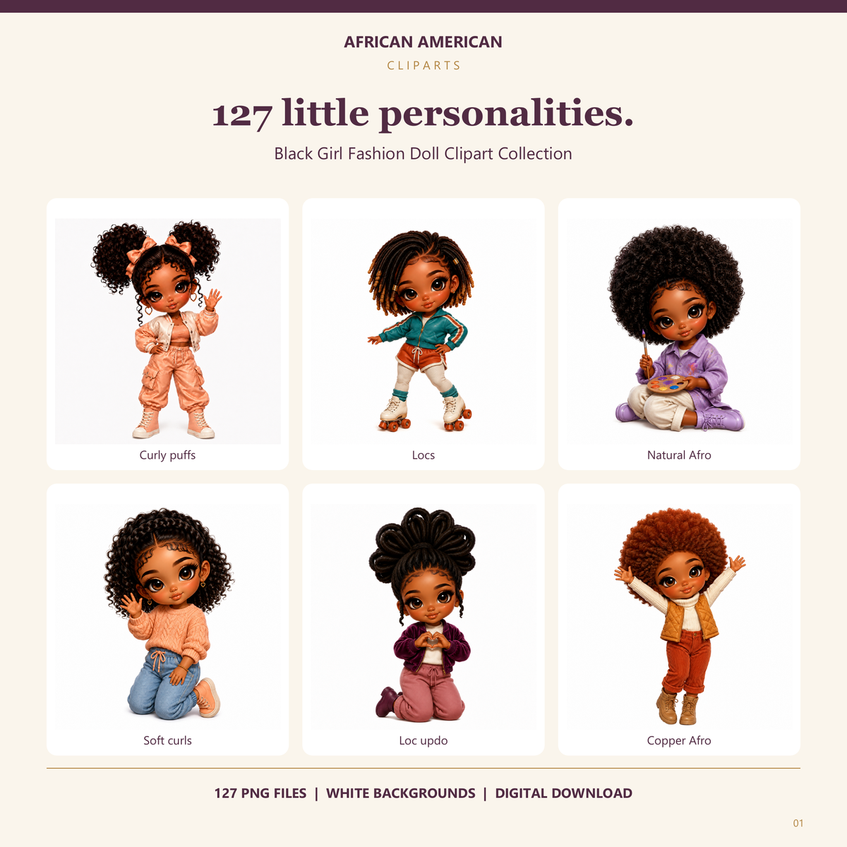 127-piece Black girl fashion doll clipart bundle: curly puffs, short locs, a natural Afro, soft curls, a loc updo and a copper Afro in different poses.