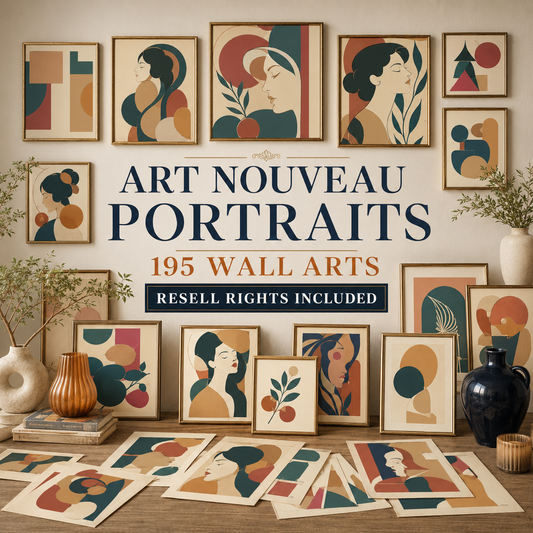 Art Nouveau Portraits wall art collection overview with resell rights included