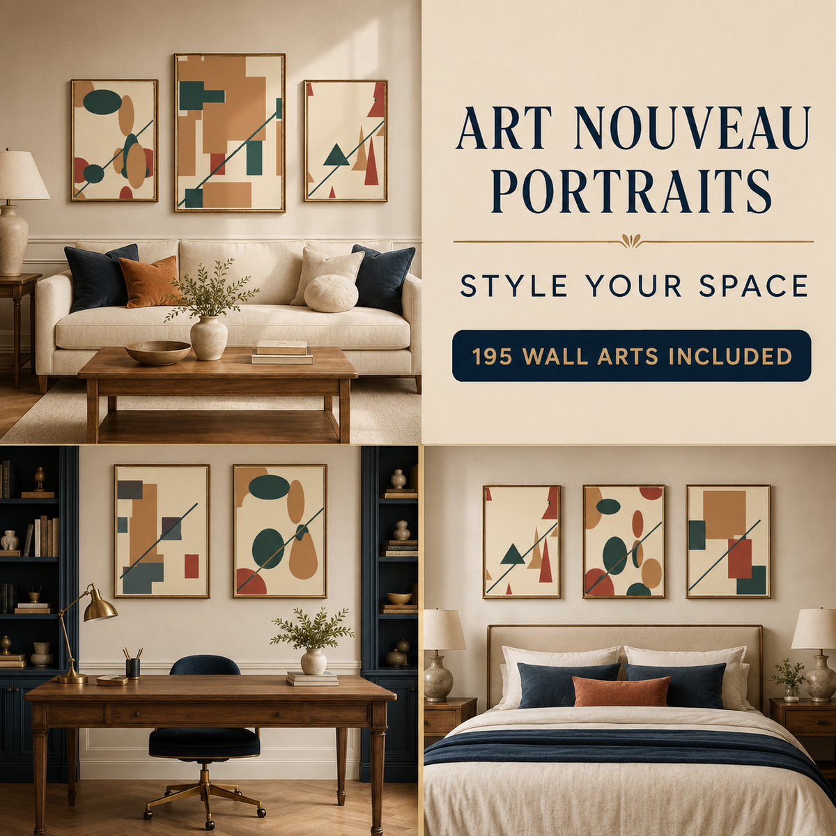 Art Nouveau Portraits wall art styled in living room office and bedroom