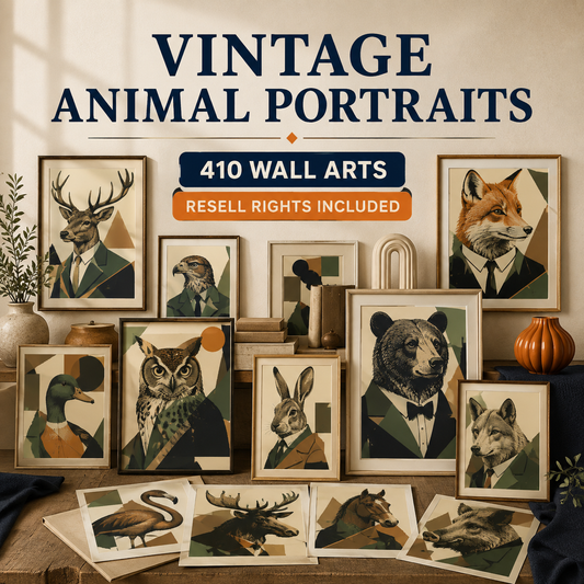 Vintage Animal Portraits wall art collection overview with resell rights included
