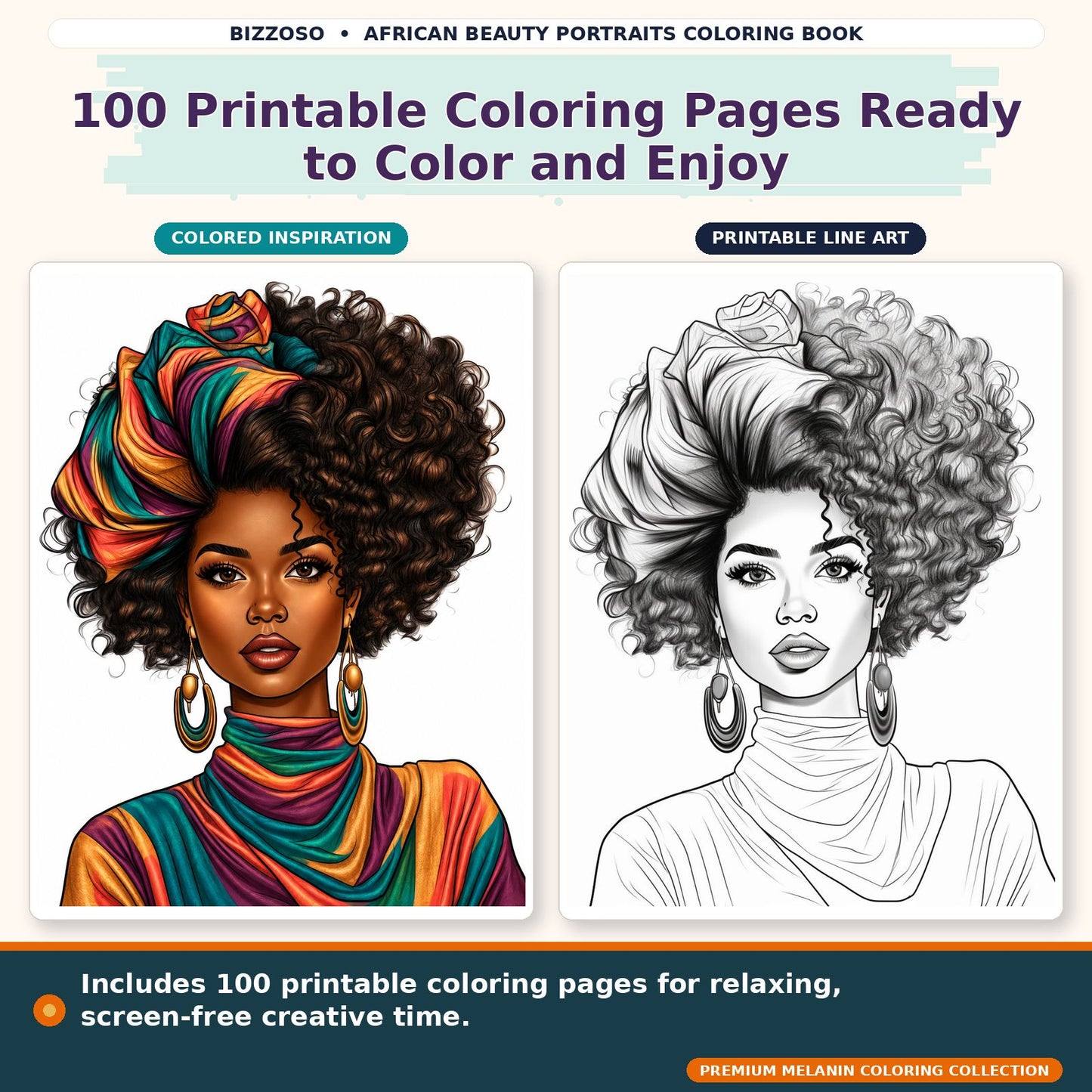 African Beauty Portraits Coloring Book, colored and uncolored printable coloring page preview 2