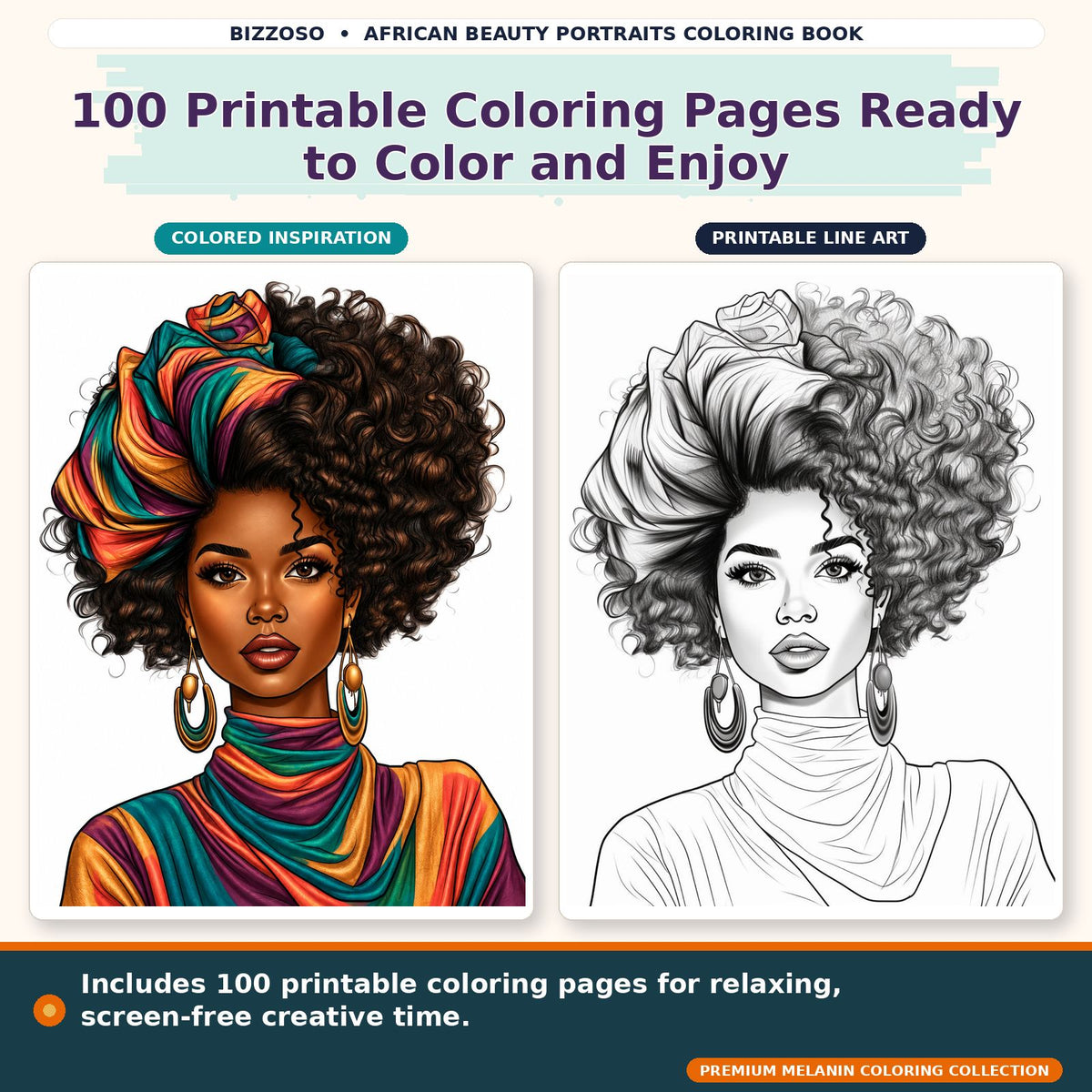 African Beauty Portraits Coloring Book, colored and uncolored printable coloring page preview 2