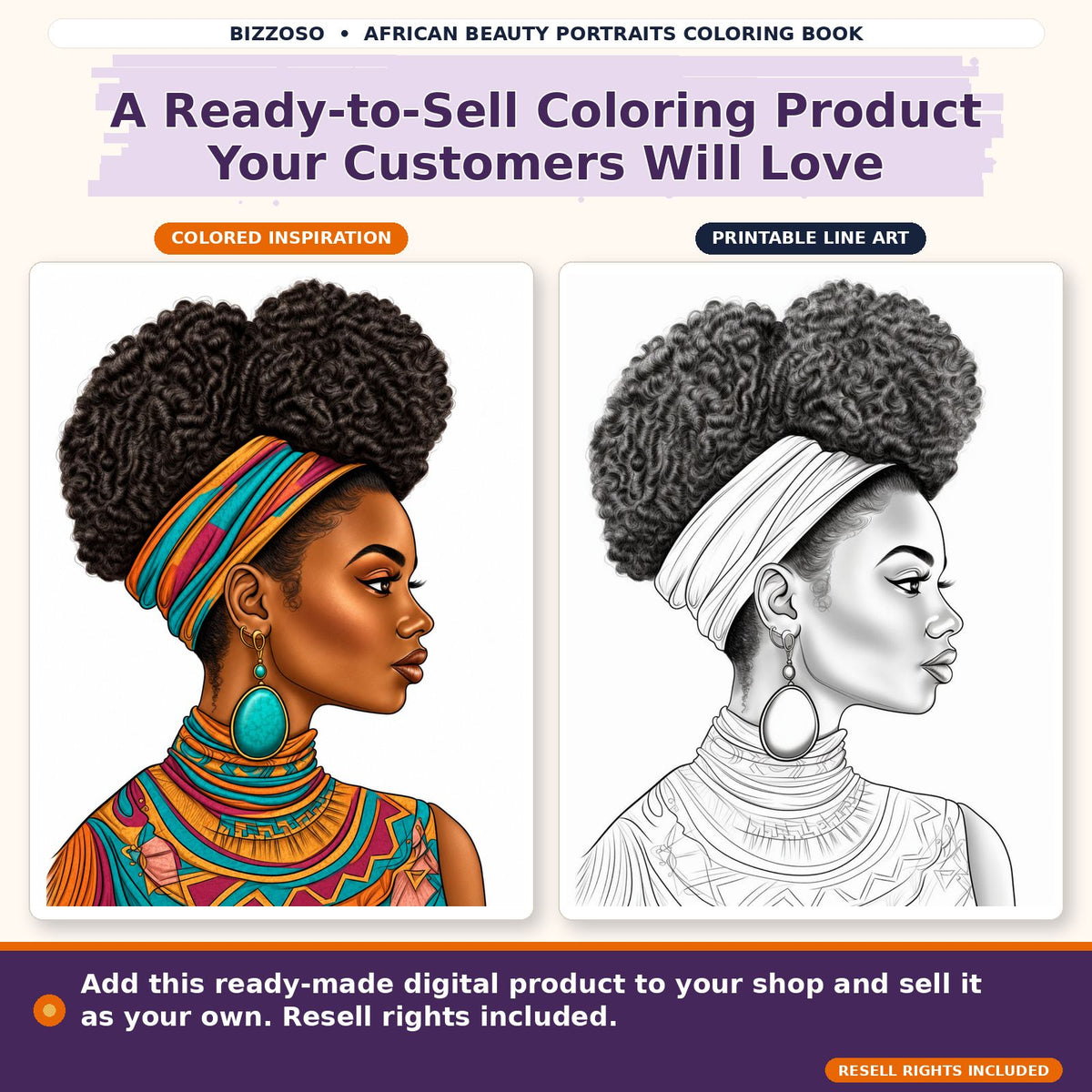 African Beauty Portraits Coloring Book, colored and uncolored printable coloring page preview 3