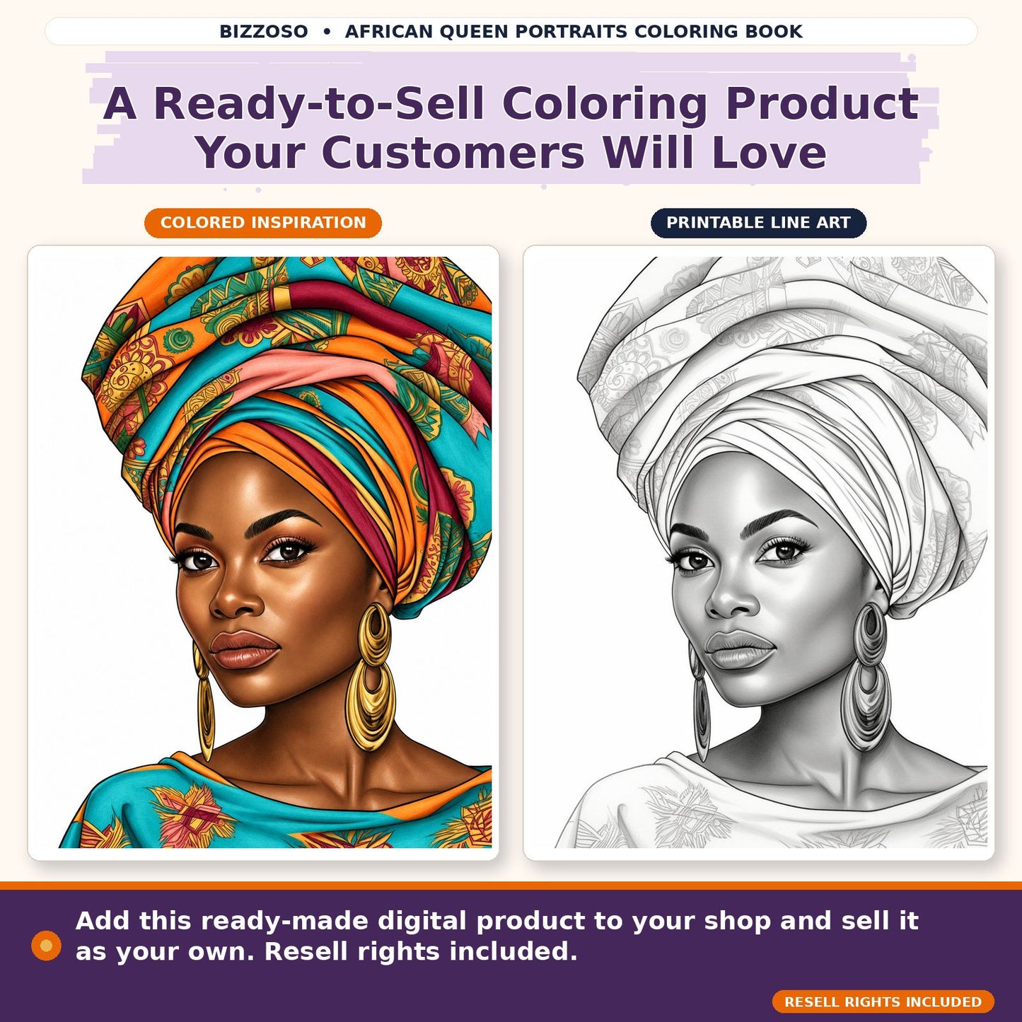 African Queen Portraits Coloring Book, colored and uncolored printable coloring page preview 3