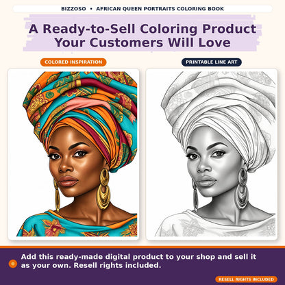 African Queen Portraits Coloring Book, colored and uncolored printable coloring page preview 3