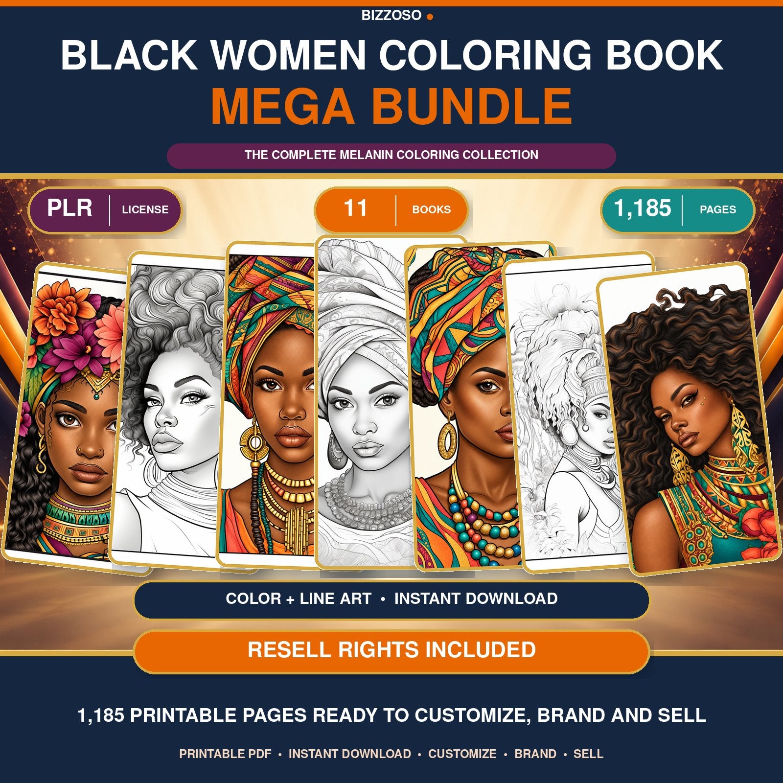 Black Girl Coloring Book Mega Bundle, premium Bizzoso product cover with PLR and resell rights included