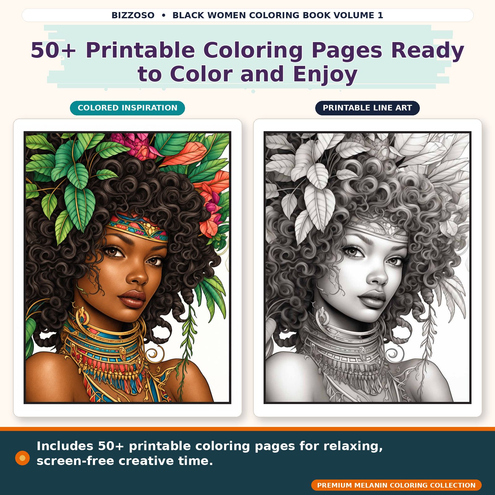 Black Girl Coloring Book Volume 1, colored and uncolored printable coloring page preview 2