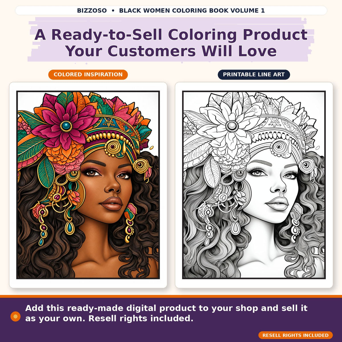 Black Girl Coloring Book Volume 1, colored and uncolored printable coloring page preview 3