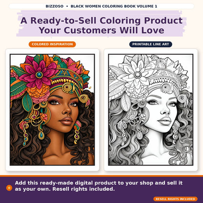 Black Girl Coloring Book Volume 1, colored and uncolored printable coloring page preview 3