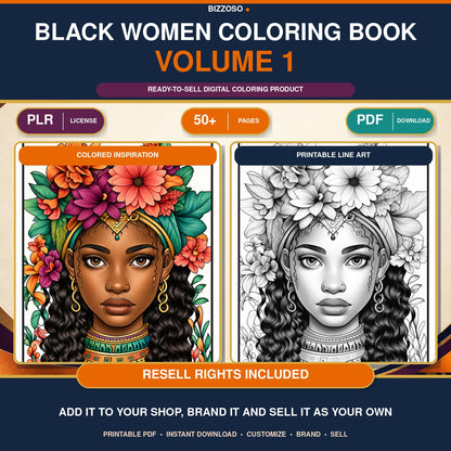 Black Girl Coloring Book Volume 1, premium Bizzoso product cover with PLR and resell rights included