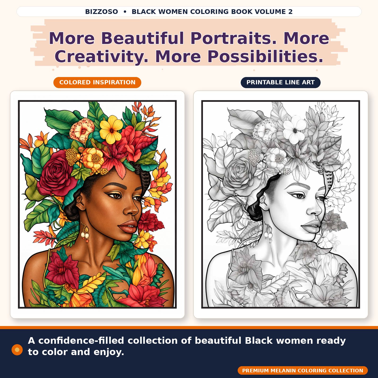 Black Girl Coloring Book Volume 2, colored and uncolored printable coloring page preview 1