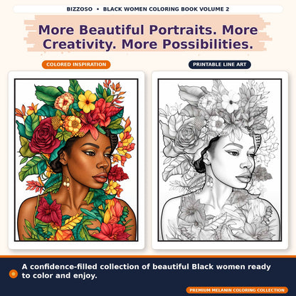 Black Girl Coloring Book Volume 2, colored and uncolored printable coloring page preview 1
