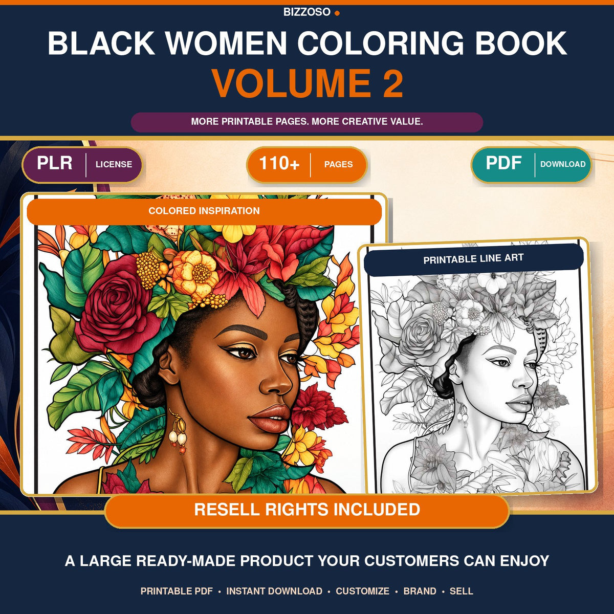 Black Girl Coloring Book Volume 2, premium Bizzoso product cover with PLR and resell rights included