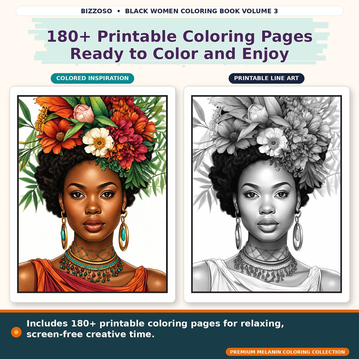 Black Girl Coloring Book Volume 3, colored and uncolored printable coloring page preview 2
