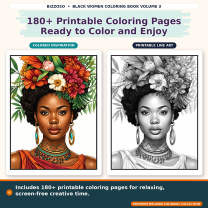 Black Girl Coloring Book Volume 3, colored and uncolored printable coloring page preview 2