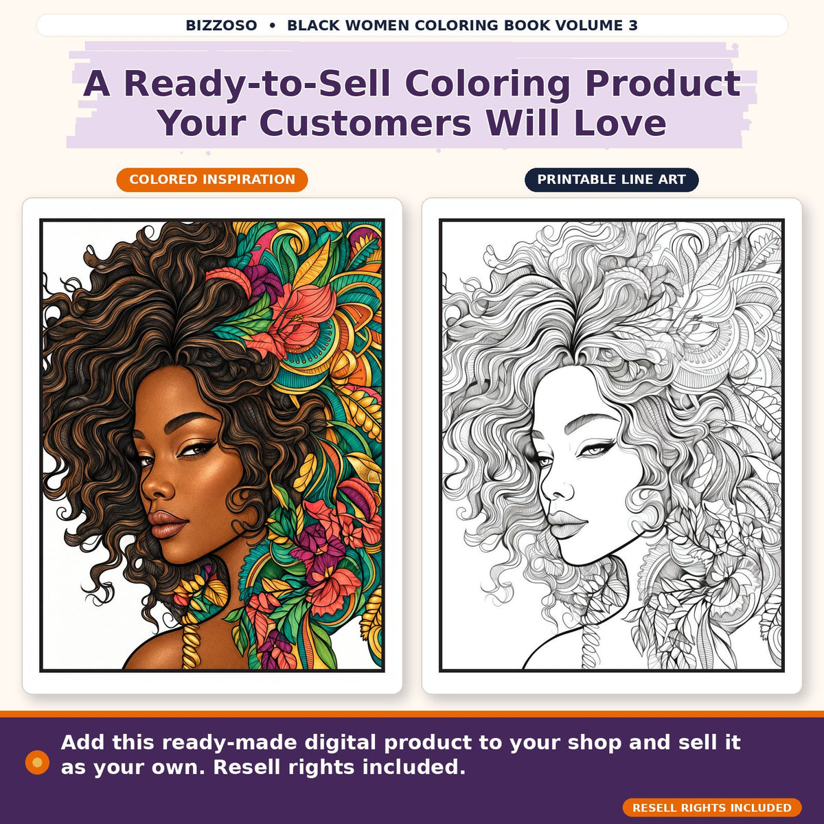 Black Girl Coloring Book Volume 3, colored and uncolored printable coloring page preview 3