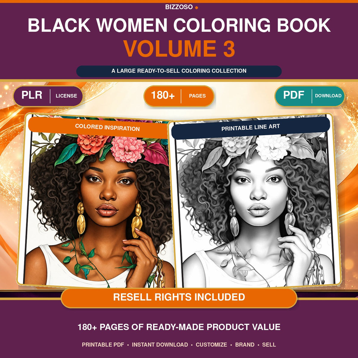 Black Girl Coloring Book Volume 3, premium Bizzoso product cover with PLR and resell rights included