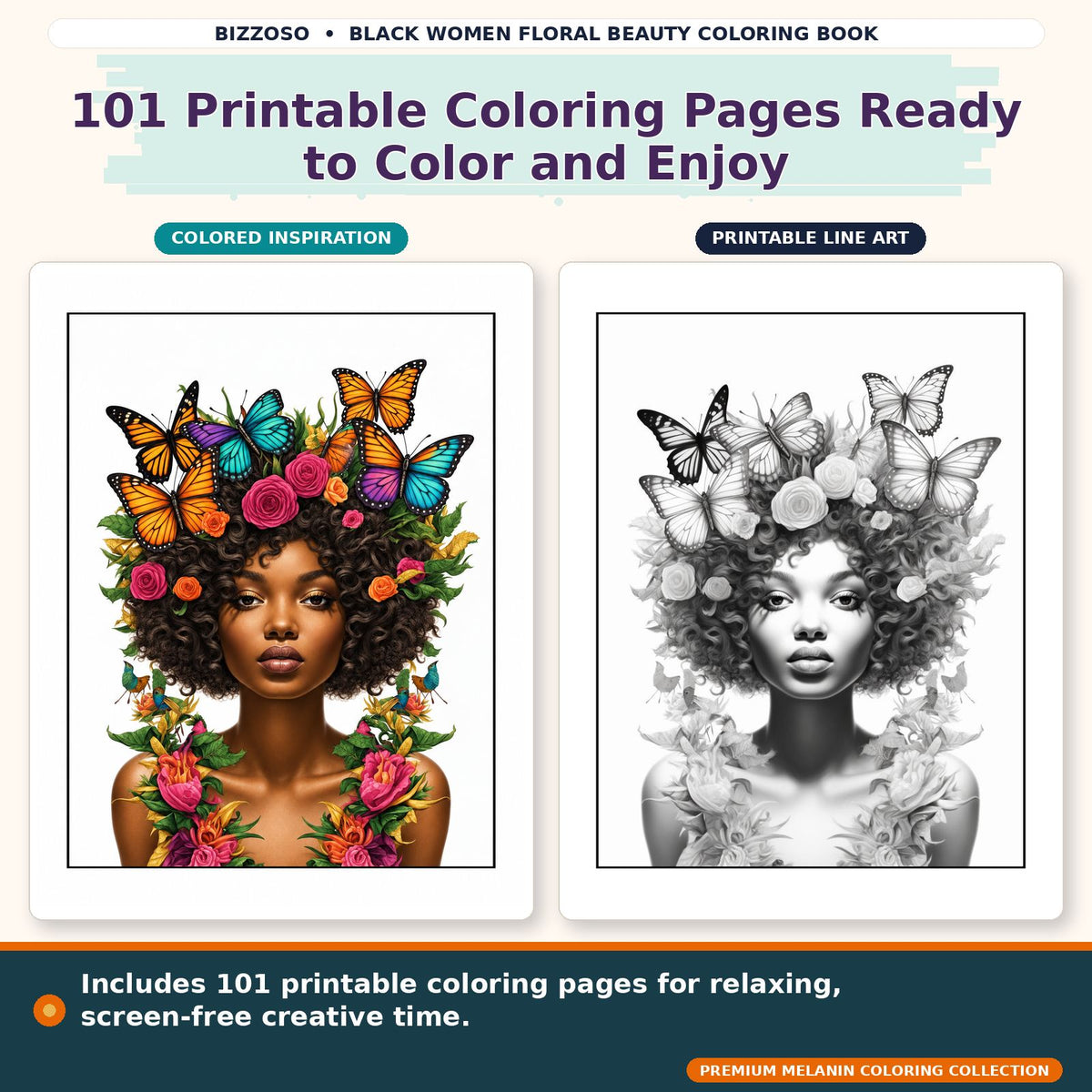 Black Girl Floral Beauty Coloring Book, colored and uncolored printable coloring page preview 2