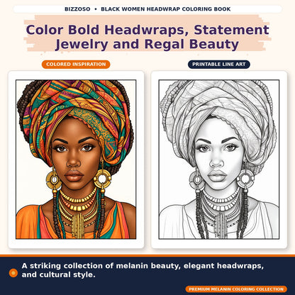 Black Girl Headwrap Coloring Book, colored and uncolored printable coloring page preview 1