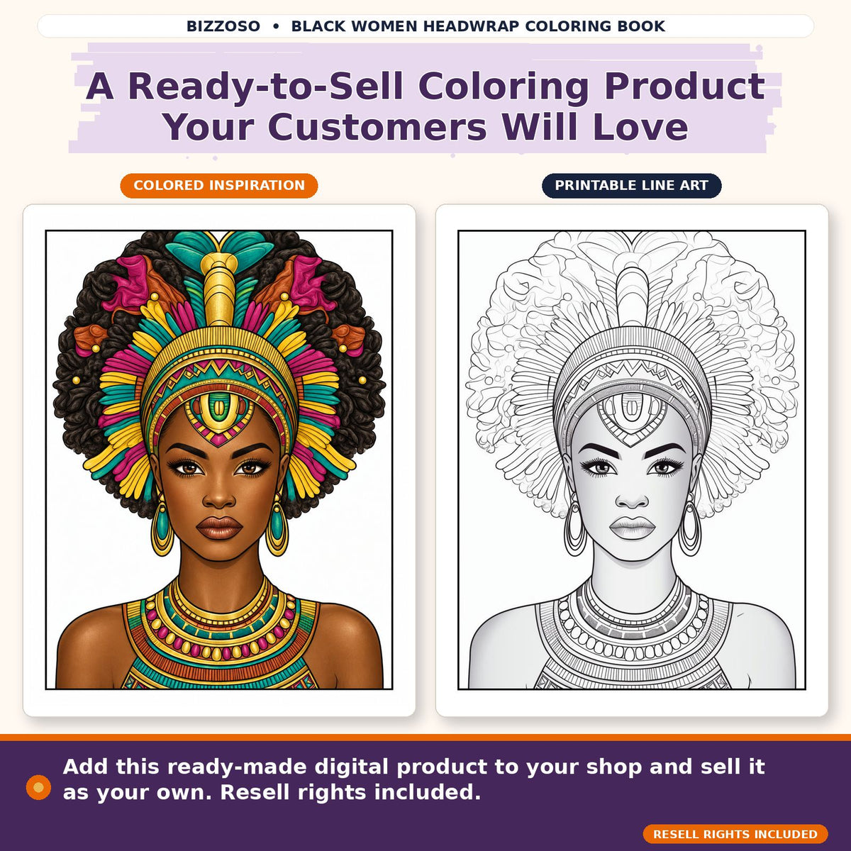 Black Girl Headwrap Coloring Book, colored and uncolored printable coloring page preview 3