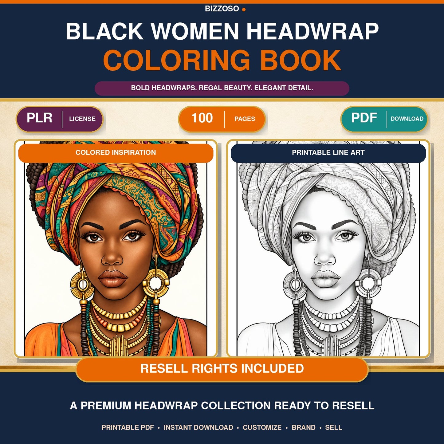 Black Girl Headwrap Coloring Book, premium Bizzoso product cover with PLR and resell rights included