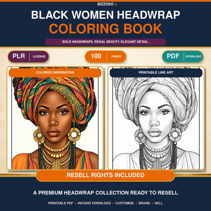 Black Girl Headwrap Coloring Book, premium Bizzoso product cover with PLR and resell rights included
