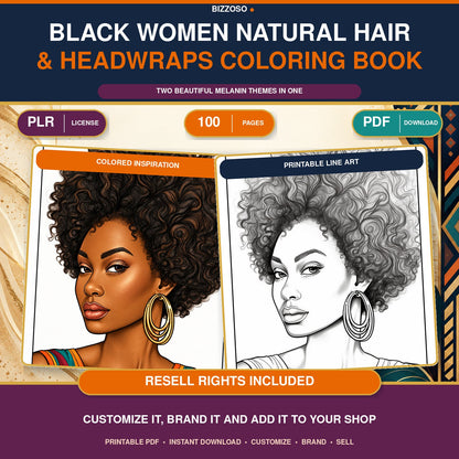 Black Girl Natural Hair and Headwraps Coloring Book, premium Bizzoso product cover with PLR and resell rights included