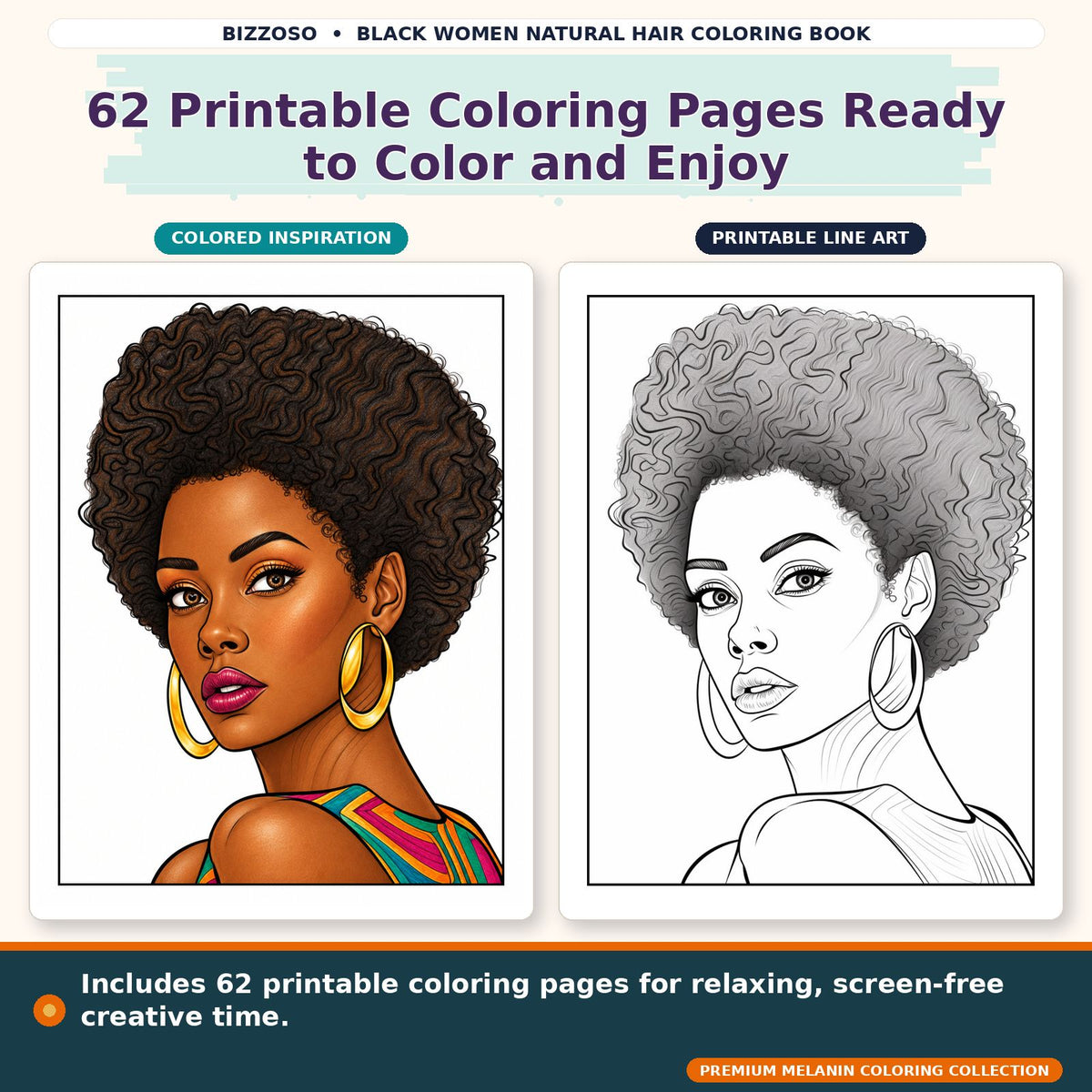 Black Girl Natural Hair Coloring Book, colored and uncolored printable coloring page preview 2