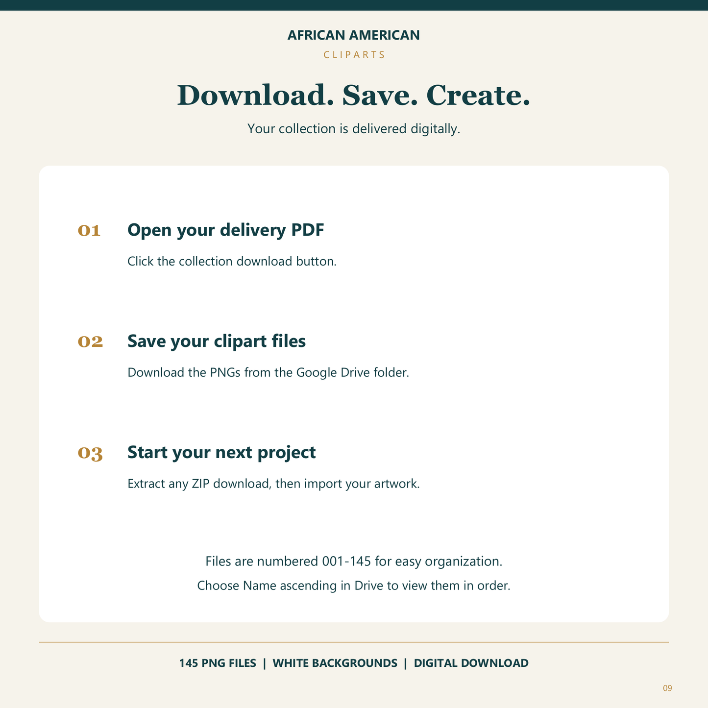 Download. Save. Create. Your collection is delivered digitally.