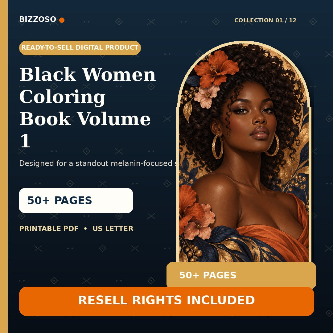 Black Women Coloring Book Volume 1 with resell rights, premium Bizzoso product cover