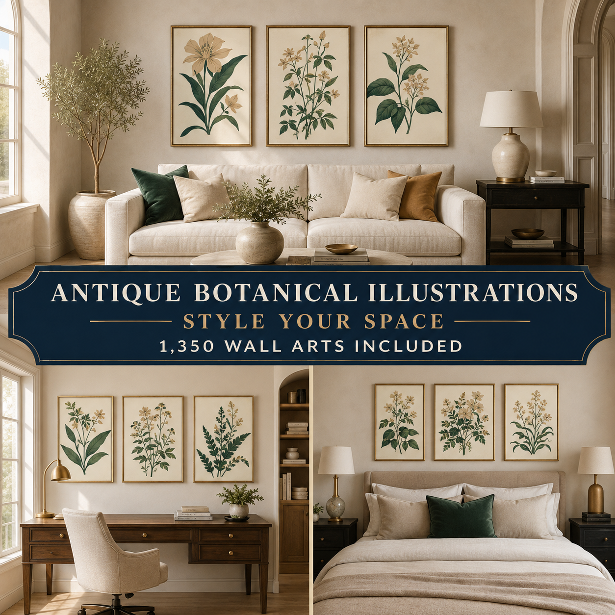 Antique Botanical Illustrations wall art styled in living room office and bedroom