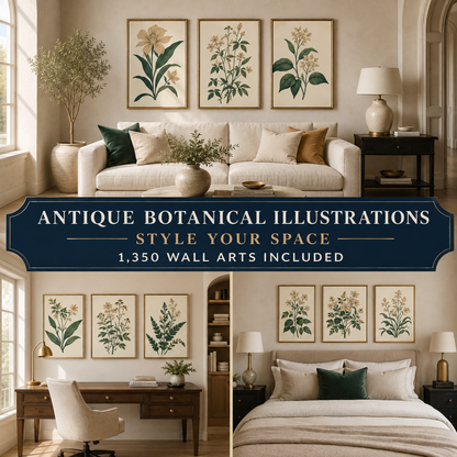 Antique Botanical Illustrations wall art styled in living room office and bedroom