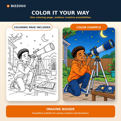 Astronomer coloring page shown as black and white outline and a full-color example